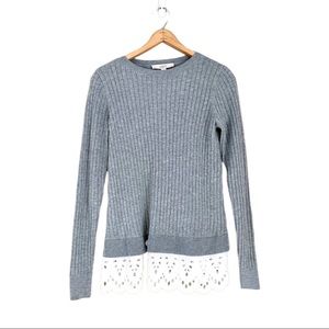 Ann Taylor Loft Ribbed Lace Trim Sweater Gray Size Small Classic Preppy